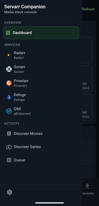 Servarr Companion side menu screenshot